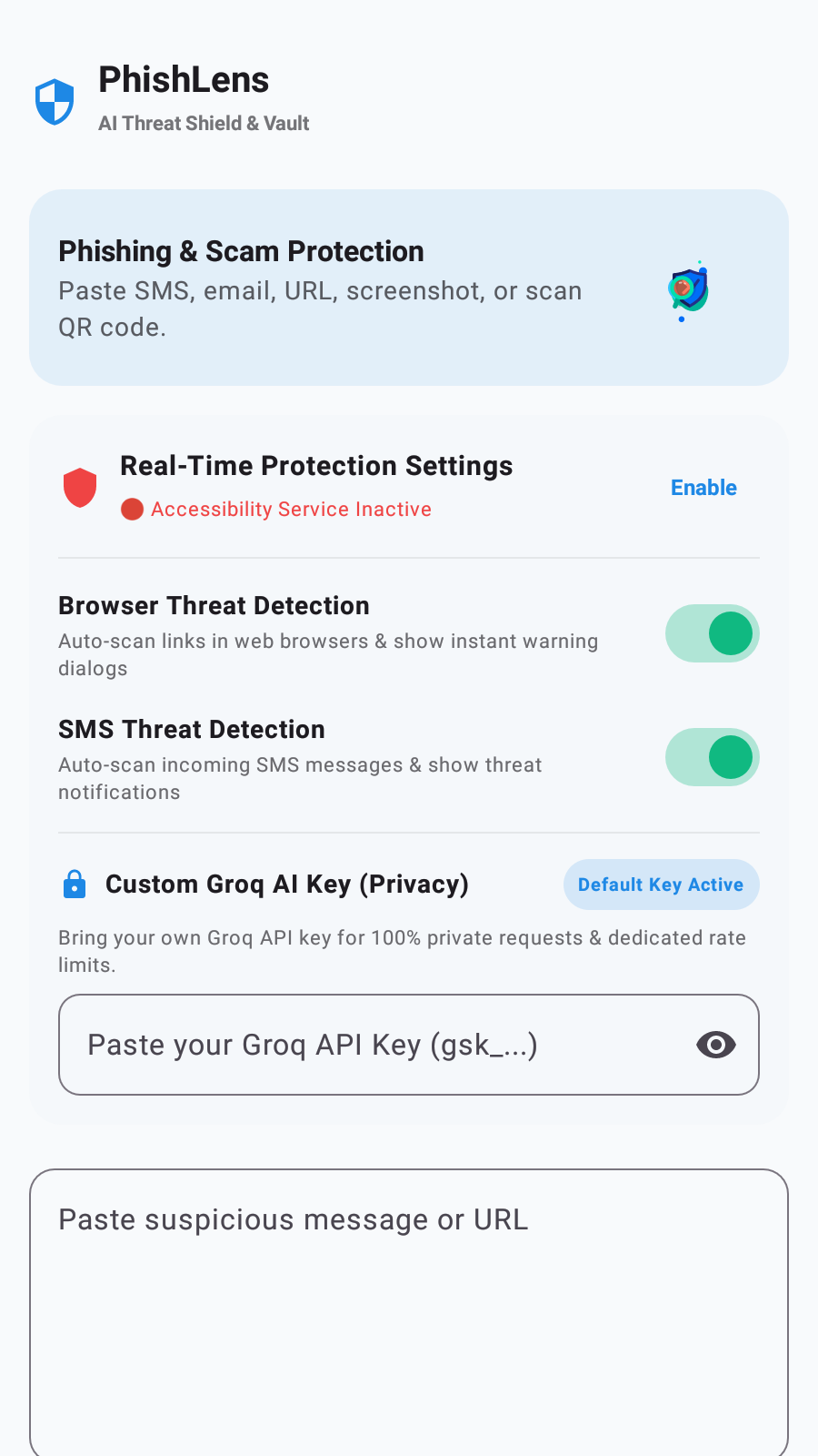 PhishLens Settings & Privacy Dialog